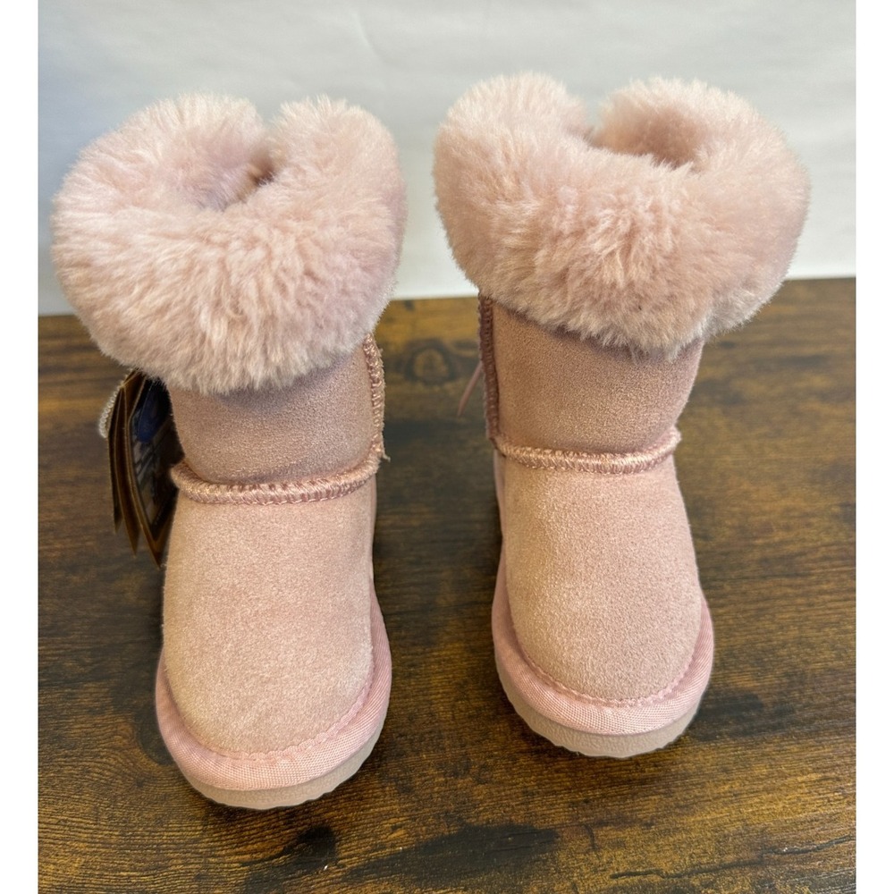 Lamo Youth Rose Pink Suede Faux Fur Bow Winter Boots Splash Secure Size 6C NEW - Picture 2 of 10